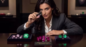 Colección de piedras preciosas raras incluyendo diamantes rosas, jadeíta imperial y rubíes en exposición de lujo