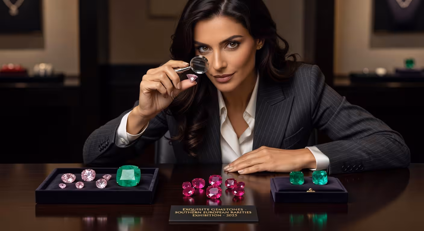 Las piedras preciosas más caras y raras del mundo Colección de piedras preciosas raras incluyendo diamantes rosas, jadeíta imperial y rubíes en exposición de lujo
