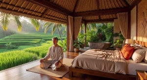 Interior de villa privada en Naya Ubud con terraza con vistas a los arrozales de Bali al amanecer
