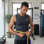 Hombre midiendo su perímetro de cintura con cinta métrica en gimnasio moderno