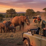 7 consejos esenciales que debes conocer antes de viajar a Sudáfrica Viajero en safari de lujo observando elefantes en el Parque Kruger de Sudáfrica al atardecer