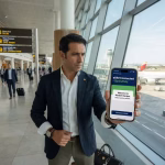 Conectividad móvil perfecta mientras viajas: 3 soluciones definitivas Ejecutivo europeo consultando smartphone con eSIM en terminal de aeropuerto moderno