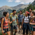 Viajar en grupo: 11 beneficios que transformarán tu próxima aventura Grupo de jóvenes profesionales disfrutando de senderismo en las montañas durante un viaje en grupo