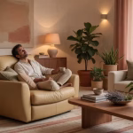 Cómo transformar tu salón en un santuario de descanso: 7 claves esenciales Salón de lujo moderno con sillón relax de diseño curvo, iluminación cálida ambiental y textiles naturales en tonos tierra