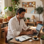 Gestión financiera para freelancers: 10 estrategias esenciales para asegurar tus ingresos Freelance profesional trabajando desde casa en oficina moderna organizada