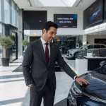Hombre examinando coche nuevo en concesionario moderno - Renting vs compra de vehículos