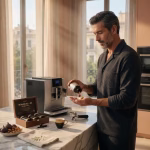 Hombre tomando vitaminas y suplementos para combatir la fatiga en una cocina de lujo