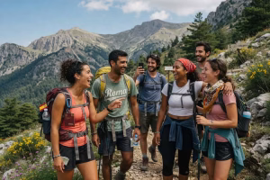 Grupo de jóvenes profesionales disfrutando de senderismo en las montañas durante un viaje en grupo