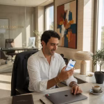 Hombre de negocios usando iPhone en oficina moderna de lujo