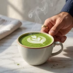 Taza de matcha latte verde vibrante con espuma sobre superficie de mármol blanco, alternativa saludable al café