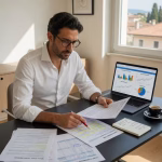 3 situaciones en las que pedir dinero prestado es un movimiento inteligente Hombre analizando documentos financieros para solicitar préstamo personal inteligente