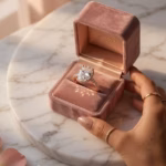 Comprar un anillo de compromiso: 10 consejos imprescindibles Anillo de compromiso de oro rosa con diamante ovalado sobre mármol blanco