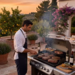 Cómo convertirse en un maestro de la barbacoa Hombre preparando carne en una barbacoa premium de gas en jardín mediterráneo al atardecer