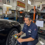 Mecánico profesional revisando la presión de los neumáticos en un taller moderno de España para ahorrar en mantenimiento del coche