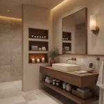 Cómo organizar el baño: 10 estrategias de diseño para crear tu refugio personal Baño de lujo minimalista con vanidad flotante y hornacinas empotradas organizadas