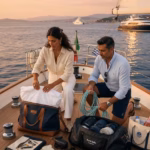 Cómo prepararse para un viaje en barco: guía completa con consejos esenciales Pareja preparando equipaje en cubierta de yate de lujo en el Mediterráneo