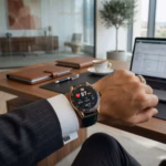 Smartwatch de lujo en la muñeca de un ejecutivo mostrando las ventajas de la tecnología wearable premium