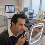Los mejores tratamientos cosméticos para problemas de pigmentación Hombre examinando su piel en clínica de medicina estética de lujo para tratamiento de pigmentación