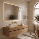 Cómo darle a tu baño un aspecto de lujo sin arruinarte Baño de lujo moderno con porcelánico gran formato, grifería de latón cepillado y espejo retroiluminado