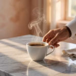 Taza de café humeante en ambiente minimalista representando el consumo moderado de café para la salud mental