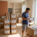Cómo empacar de forma táctica y rápida para una mudanza: guía actualizada Hombre organizando cajas etiquetadas durante una mudanza en apartamento moderno