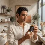 Los posibles efectos secundarios del CBD: lo que necesitas saber Hombre examinando aceite de CBD premium en espacio wellness de lujo