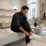Hombre europeo probándose zapatillas de lujo minimalistas en boutique moderna