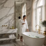 ¿Por qué elegir un baño de mármol? La guía definitiva para un espacio de lujo atemporal Baño de lujo moderno con mármol Calacatta blanco, bañera exenta y grifería dorada