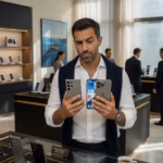 Guía definitiva para comprar un smartphone: claves para elegir el móvil perfecto Hombre comparando smartphones de gama alta en tienda de tecnología premium