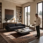 Salón de lujo moderno con alfombra persa vintage como pieza central y decoración contemporánea minimalista
