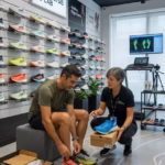 Hombre probándose zapatillas deportivas en tienda especializada con asesoramiento profesional
