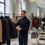 Hombre comprando ropa de diseñador en boutique de lujo