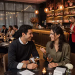 Por qué las citas rápidas están viviendo su mejor momento: beneficios y ventajas del speed dating Pareja joven teniendo una conversación genuina durante evento de speed dating en bar moderno