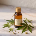 Aceite de CBD: la solución natural para el sueño, la energía y el bienestar Frasco premium de aceite de CBD con hojas de cáñamo natural sobre mármol
