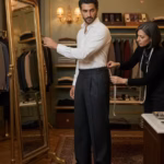 Cómo encontrar los pantalones perfectos: guía definitiva para hombres Hombre probándose pantalones perfectos en boutique de lujo con asesoramiento profesional